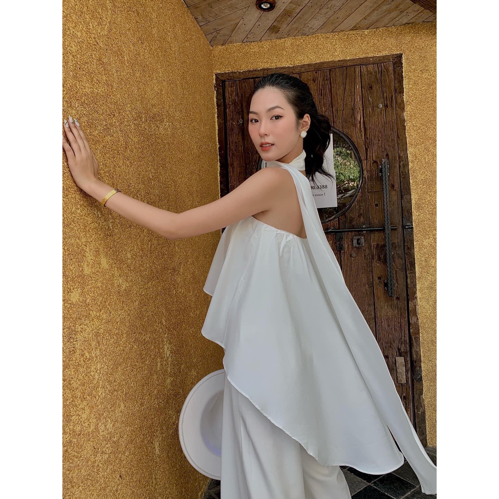 Jumpsuit Cúp Ngực Đi Biển Chất Lụa Mango Mềm Không Nhăn, Jumpsuit Trắng Dài Phối Dây Thắt Nơ Sang Chảnh