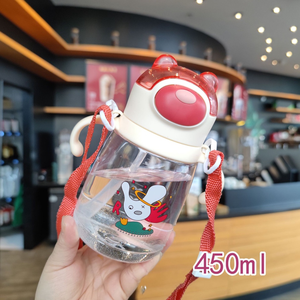 Bình nước tai gấu 450ml có dây đeo an toàn cho bé