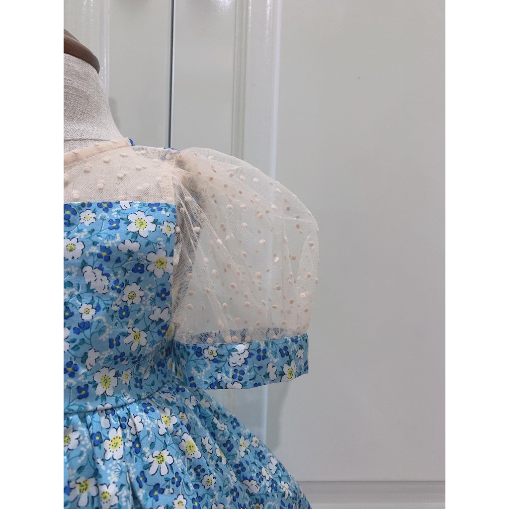 Đầm trẻ em 𝐅𝐑𝐄𝐄𝐒𝐇𝐈𝐏 𝐞𝐱𝐭𝐫𝐚NHƯ Ý HOUSE'S- váy hoa nhí xanh cổ tay áo chất lưới nhung mùa hè