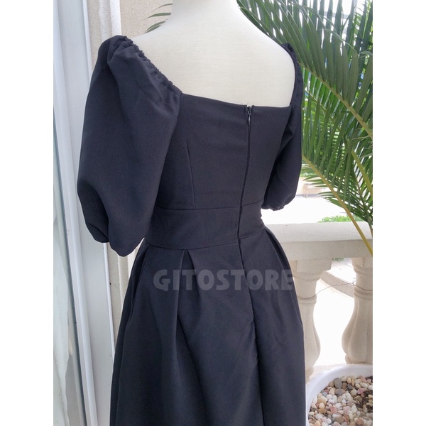 VÁY DÀI LỤA – ĐẦM TRẮNG ĐEN NUDE – CỔ VUÔNG TAY BỒNG – GD161