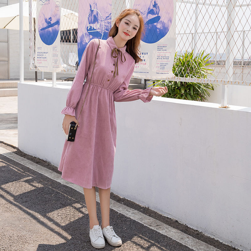 Mùa Xuân Mới 2021 Váy Dài Tay Thắt Nơ Cho Nữ Sinh Phong Cách Hàn Quốc Đại Học Lỏng Lẻo Váy Gió Dài Qua đầu Gối