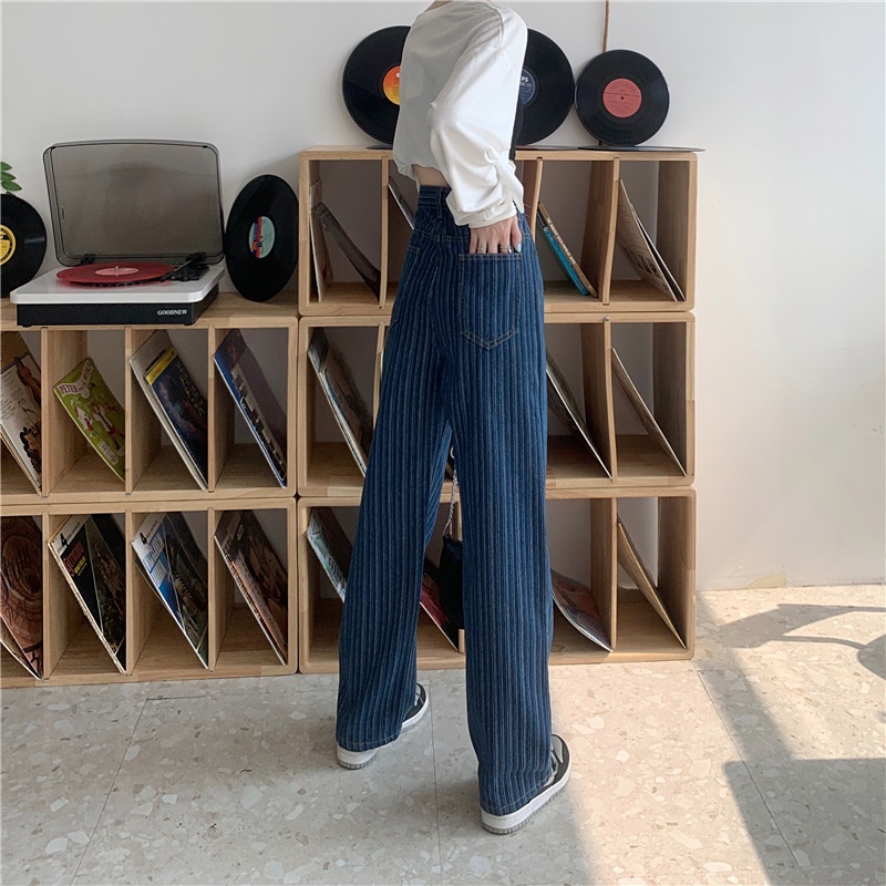 Quần jean nữ ống rộng lưng cao kẻ sọc phong cách Hàn Quốc