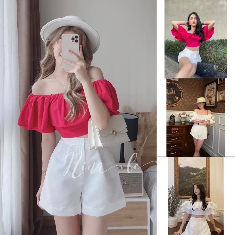 Set áo trễ vai nhúm bèo croptop với quần short ngắn xinh xắn màu hồng, trắng ôm eo (ST07)