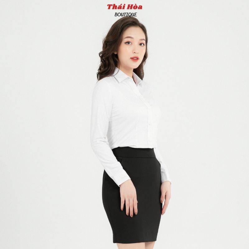 Áo sơ mi công sở nữ dài tay màu trắng đẹp kẻ caro vải cotton Thái Hòa 65-01