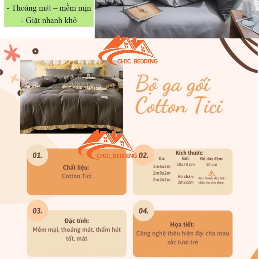 Bộ chăn ga gối cotton tici, sét 4 món chăn ga phối viền bèo không phai màu không xù miễn phí bo chun
