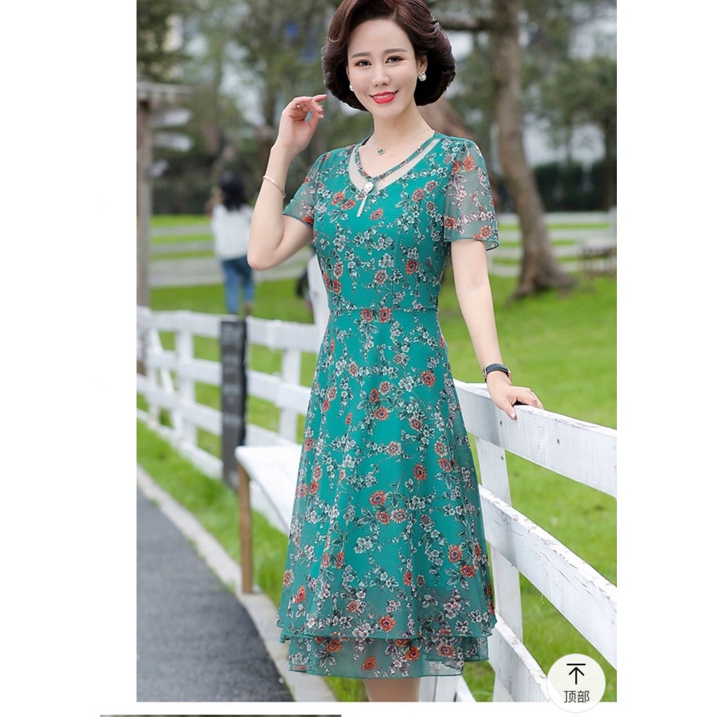 Váy Đầm trung niên nữ cho mẹ phối hoa cao cấp V81b- Áo đầm kiểu thời trang dự tiệc dạ hội đẹp cho người lớn tuổi Bigsize