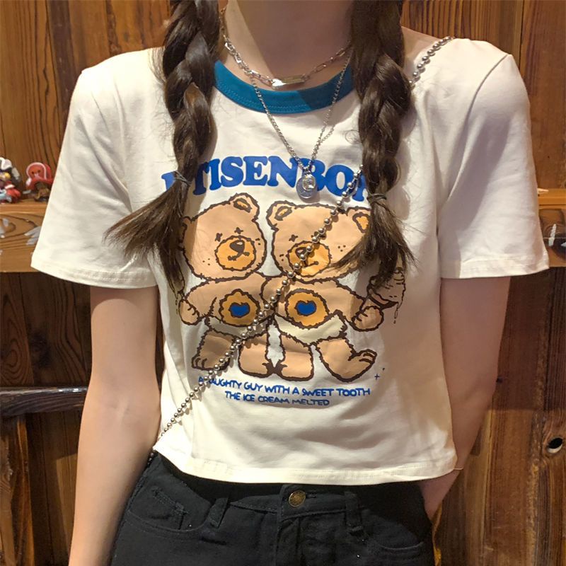 Áo Thun Crop Top Tay Ngắn Vải Cotton In Hình Gấu Thời Trang 2022 Cho Nữ