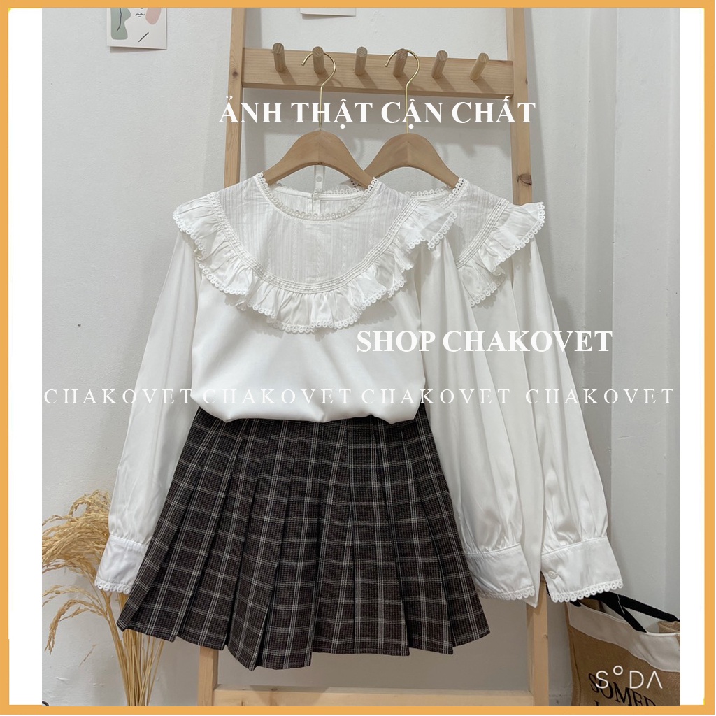 Áo sơ mi nữ dài tay form rộng CKA883, kiểu áo nữ cổ tròn ngực viền ren dáng babydoll trắng tiểu thư mặc đi làm đi học