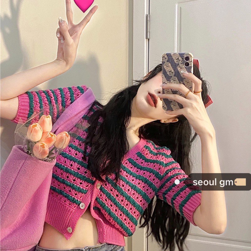 Áo Khoác Cardigan Dệt Kim Kẻ Sọc Màu Hồng Tương Phản Phong Cách Hàn Quốc