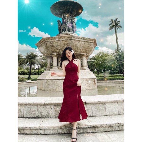 đầm đỏ cổ yếm xoắn xẻ tà,đầm 2 dây đỏ,đầm nữ đi chơi noel đi tiệc siêu sang
