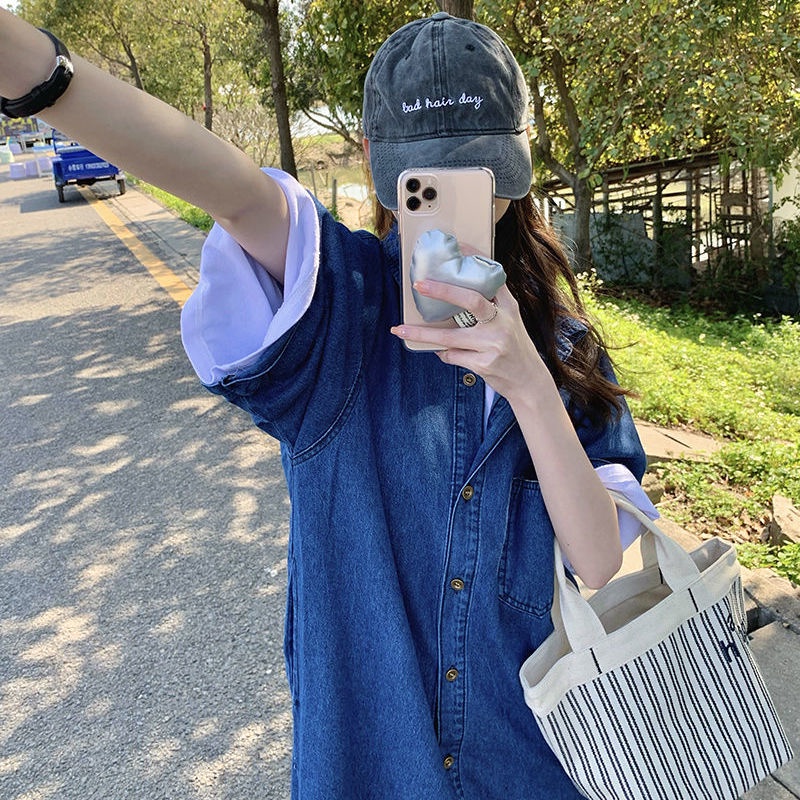 Đầm midi denim Cổ polo Dáng Rộng Đơn Giản Thời Trang Hàn Quốc