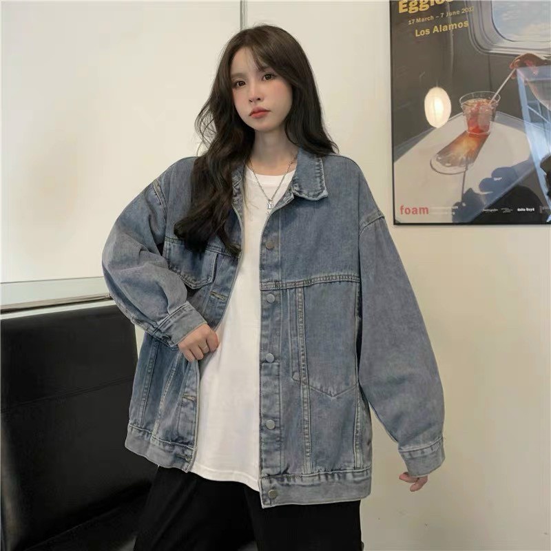 Áo denim nữ Hàn Quốc form rộng túi nắp F68