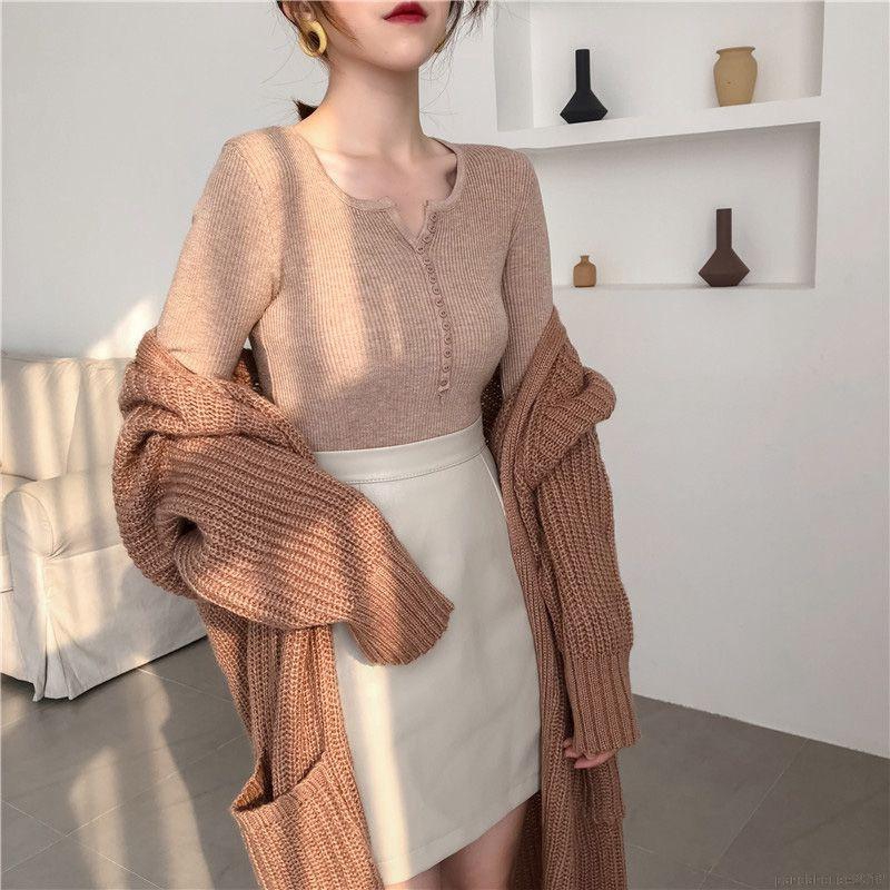 Women Retro Loose Autumn Wool Clothing V Collar Long Sleeve Knit Button Wild Thin Solid Color Sweater | BigBuy360 - bigbuy360.vn