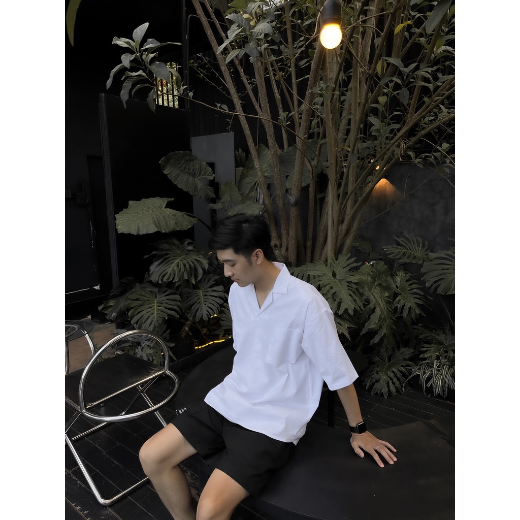 Áo sơ mi nam ngắn tay cổ Cuba màu trắng vải đũi cotton TuV Shirt