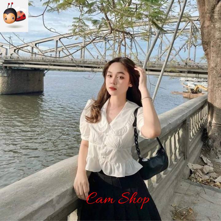 Áo sơ mi trắng nữ cổ bèo bo eo tay bồng nhẹ tiểu thư phong cách Hàn Quốc áo sơ mi nữ đẹp Cam Shop SM02 | BigBuy360 - bigbuy360.vn