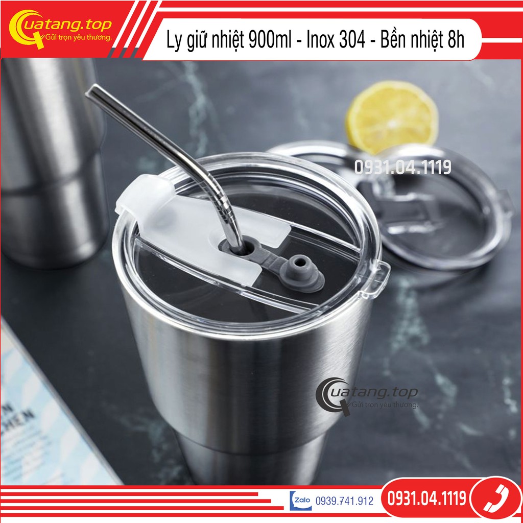 Ly giữ nhiệt Thái Lan 900ml kiểu dáng Ly Yeti [Tặng kèm túi + 2Ống hút + cọ] màu Bạc Inox 304 giữ nhiệt lên đến 12h | BigBuy360 - bigbuy360.vn