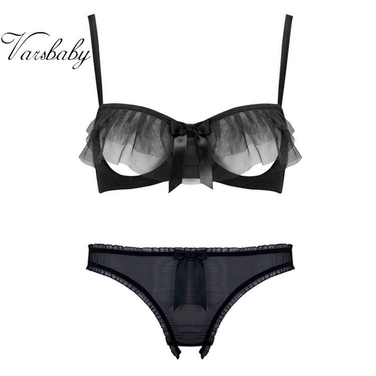 Bộ đồ lót cúp nửa V644 vải ren đen xuyên thấu gợi cảm cho nữ Varsbaby