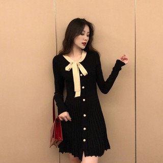 VÁY ĐẦM LEN XÒE PHỐI NƠ TIỂU THƯ QUẢNG CHÂU ORDER MÃ 57826