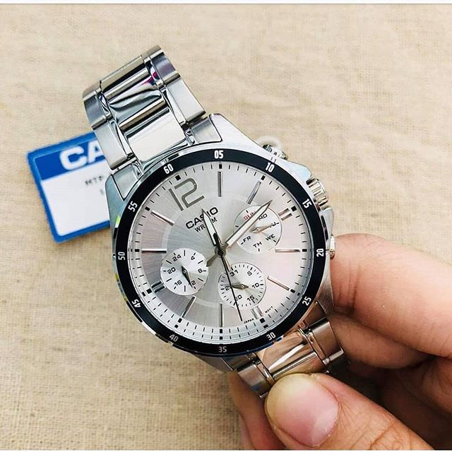 Đồng hồ Nam Casio MTP-1374D-7AV, đồng hồ chính hãng, dây bạc mặt trắng viền đen 6 kim