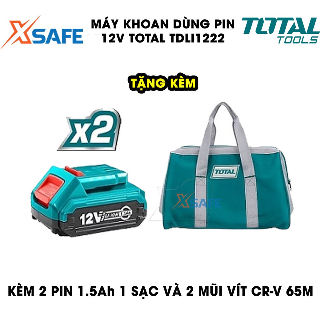 Máy khoan pin cầm tay 12V 10mm Total TDLI1222 tốc độ 1350v/p, lực siết 25nm, khả năng khoan 10mm, nhông 2 tốc độ - xsafe