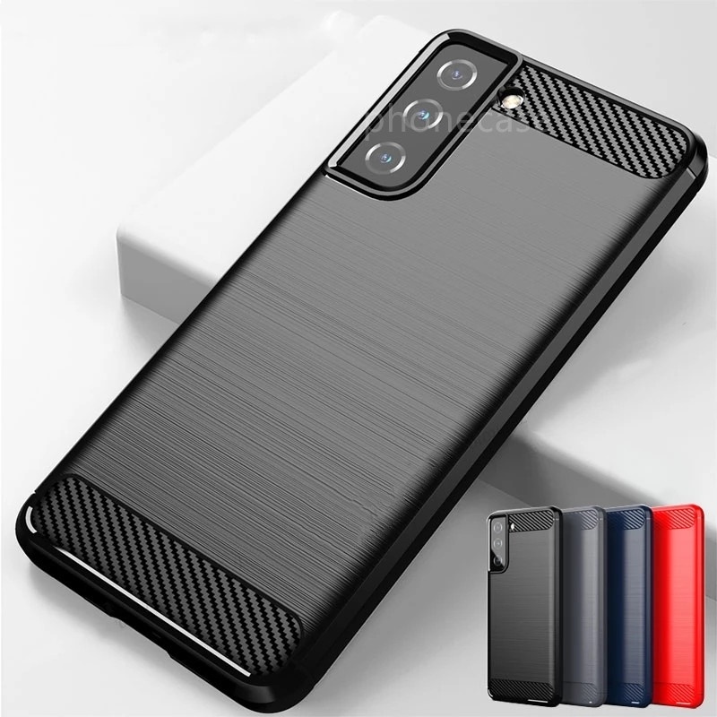 Carbon Fiber Phone Case For Samsung Galazy S21 FE 5G Ultra Plus + Silicone Bumper shockproof Casing Cover
