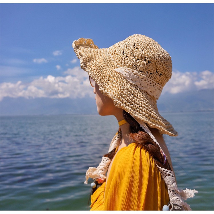 Mũ Cói Rộng Vành Thắt Nơ Màu Sắc Tươi Tắn Phong Cách Hàn Quốc Cho Nữ