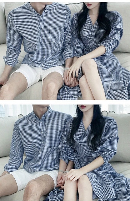 SET ĐỒ ĐÔI NAM NỮ ĐẸP COUPLE TINA SET ĐỒ CẶP NAM NỮ CARO XANH TRẮNG VÀ PHẦN CHÂN VÁY ĐẮP CHÉO CÁCH ĐIỆU SIÊU XINH