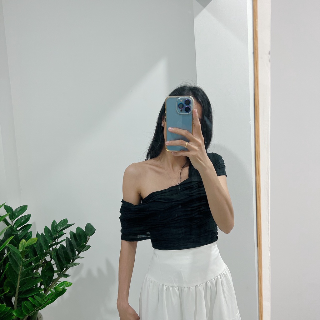 [Ảnh thật] Áo thun gợn sóng lệch vai