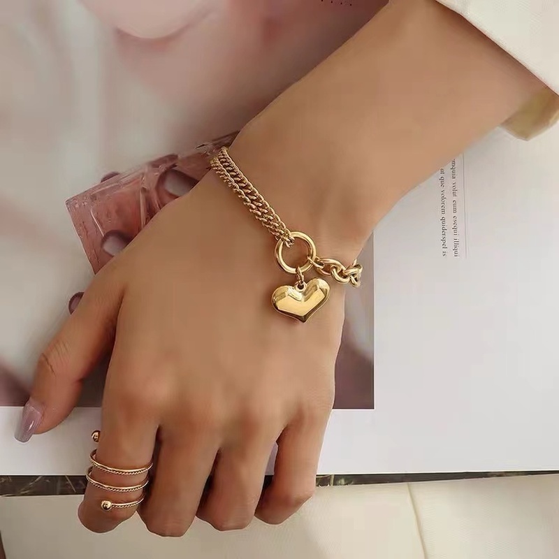 Vòng tay mặt trái tim màu vàng không phai màu phong cách hip hop Âu Mỹ thời trang cho nữ