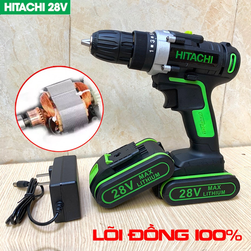 [ĐA NĂNG] Máy Khoan Pin Hitachi Xanh 28V - Bắt Vít Cầm Tay HTC Xanh - 100% Lõi Đồng - Khoan sắt, gỗ đa năng