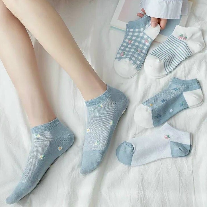 Combo 5 tất cổ ngắn cotton họa tiết dâu tây xanh phong cách Hàn Quốc