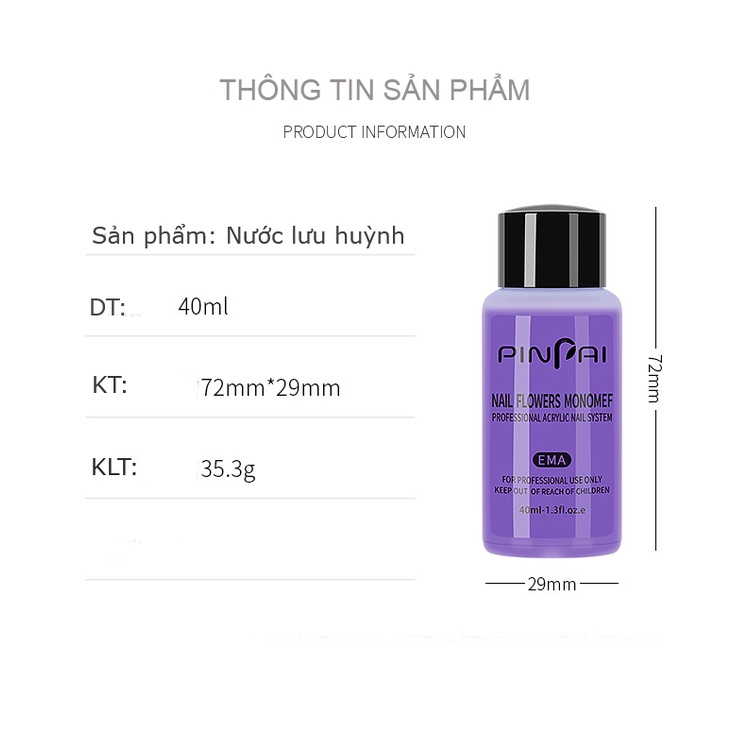 Nước lưu huỳnh đắp bột nặn hoa nail PinPai 40ml , Liquid đắp bột đính đá móng tay Yapas