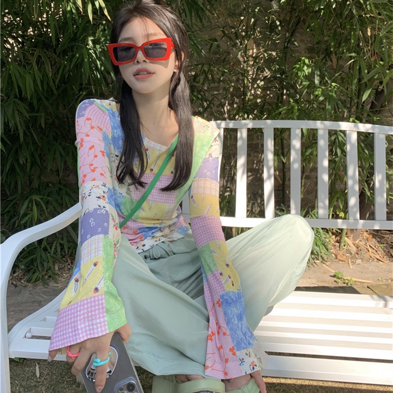 Áo Thun Tay Dài Dáng Rộng In Họa Tiết Phối Màu Thời Trang Mùa Hè Xinh Xắn Cho Nữ