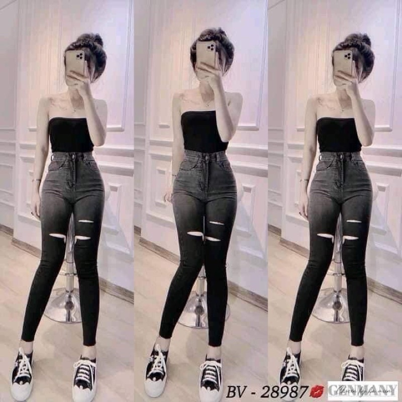 [Bigsize 32-36] Quần Jean Skinny Lưng Thun Xám Loang Rách Xẻ.