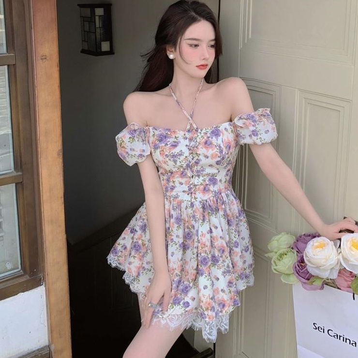 Đầm voan ZHELIHANGFEI tay ngắn phồng họa tiết hoa xinh xắn thười trang chi nữ