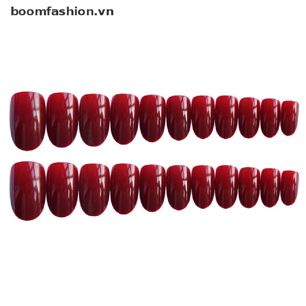 Set 24 Móng Tay Giả Đầu Tròn Màu Đỏ Rượu Vang Kèm Keo Dán