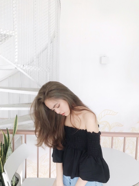 Áo nhún tay loe nơ - 2 màu đen&amp; cam