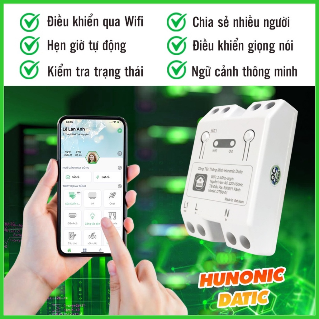 Công Tắc Thông Minh Wifi Hunonic Datic 1 Kênh 500W Điều Khiển Thiết Bị Từ Xa Qua Điện Thoại, Hẹn Giờ Tự Động.