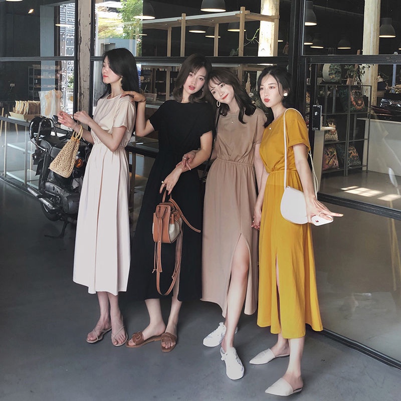 Đầm Dài Qua Gối Tay Ngắn Dáng Rộng Xẻ Tà Phong Cách Hàn Quốc Thời Trang Mới Cho Nữ