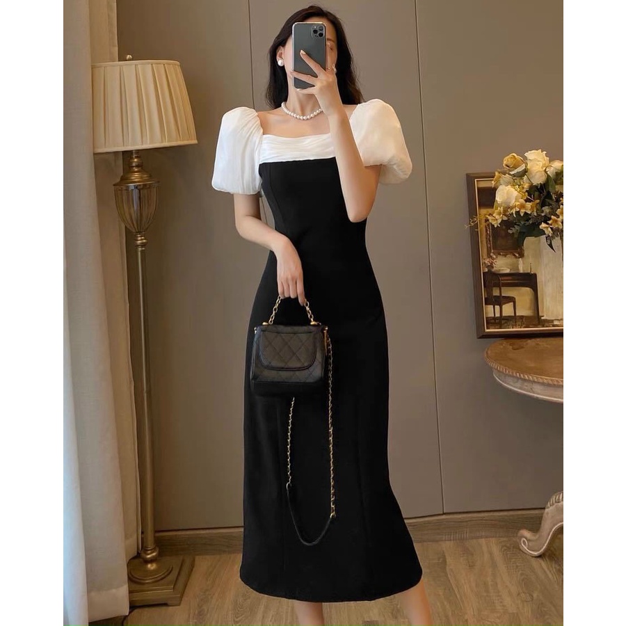 Đầm dự tiệc cưới sang chảnh váy ăn tiệc sexy đầm phối tay trắng dáng dài quyến rũ KhanhNgan