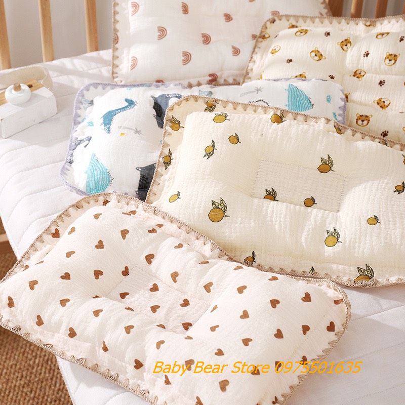 Chăn xô muslin hạt đậu và gối xô muslin organic chống bẹp đầu viền ren phong cách Hàn Quốc dễ thương cho bé