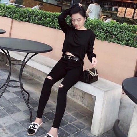 QUẦN JEANS SKINNY ĐEN MỎNG RÁCH GỐI NỮ ĐẸP 2020 QJ02