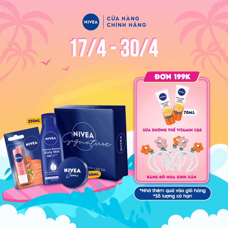 Bộ sản phẩm NIVEA SIGNATURE dưỡng ẩm chuyên sâu toàn diện: Dưỡng thể 250ml, Kem làm mềm da 60ml &amp; Son dưỡng môii 4.8g