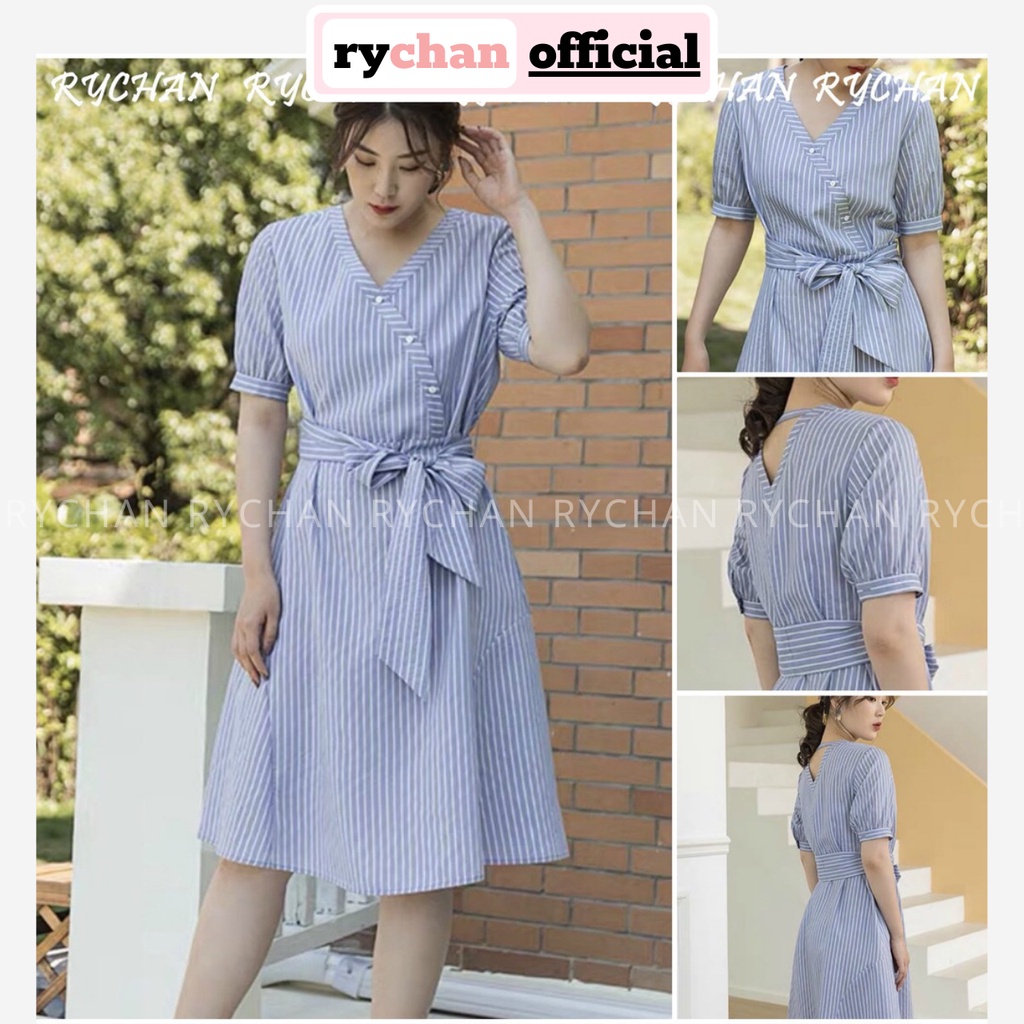 Đầm Xòe Sọc Nút Lệch Buộc Dây Eo - DX960