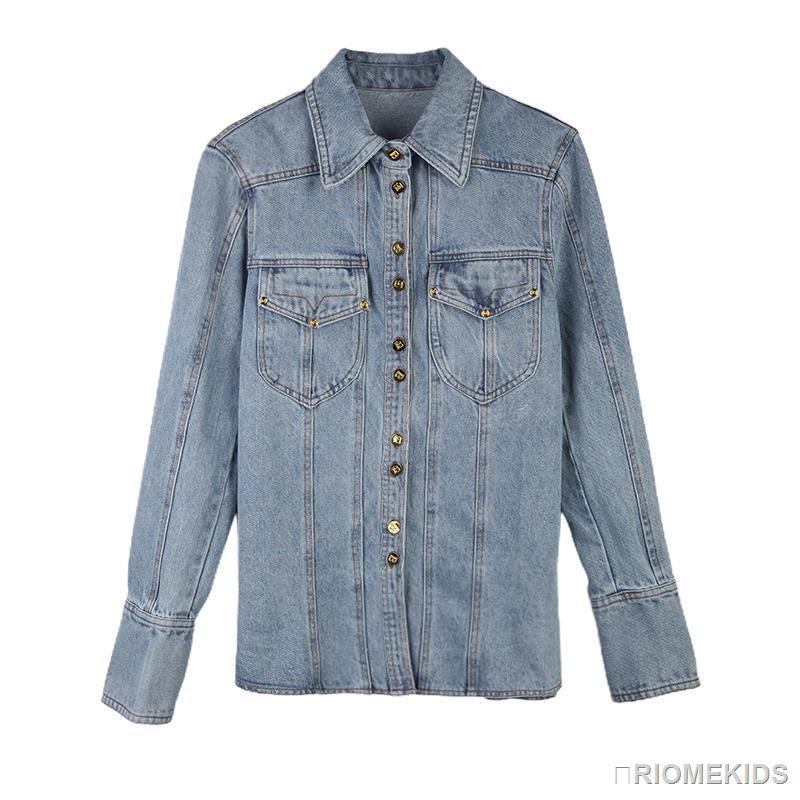 Áo Khoác denim Tay Dài Đính Nút Vàng Thời Trang Cho Nữ