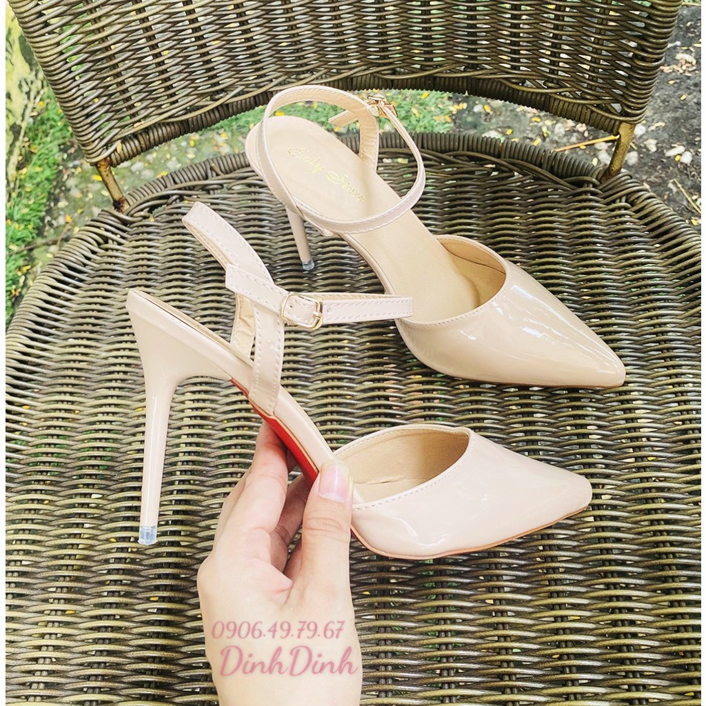 Giày Sandal cao gót nữ bít mũi, đế Pháp đỏ gót nhọn cao 9cm quai hậu khóa cài chất da bóng  - DinhDinh Store
