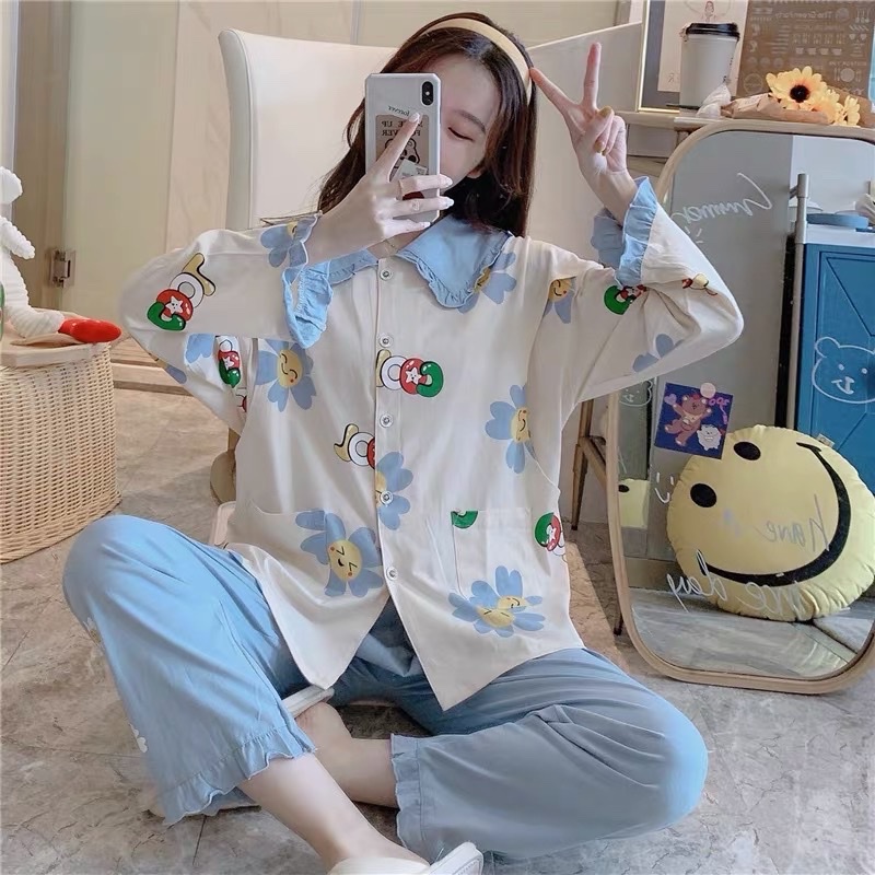 Bộ đồ bầu mặc nhà mặc trước và sau sinh hỉnh Ông Mặt Trời, chất cotton, cổ bèo xinh, rộng rãi tiện chăm bé
