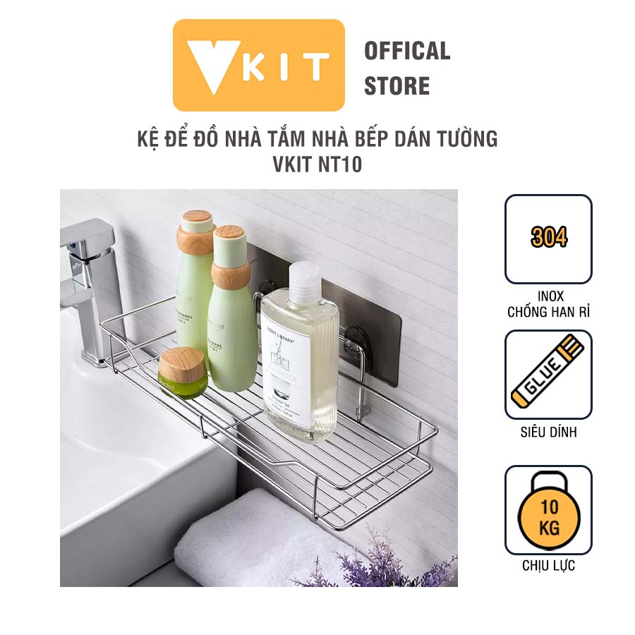 Kệ để đồ nhà tắm nhà bếp inox dán tường, siêu dính-  không cần khoan đục VKIT- Chống han gỉ NT10