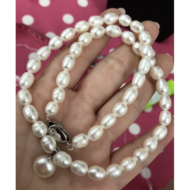 Bộ trang sức ngọc trai nhân tạo gạo trắng 2 món khóa bạc 8ly
