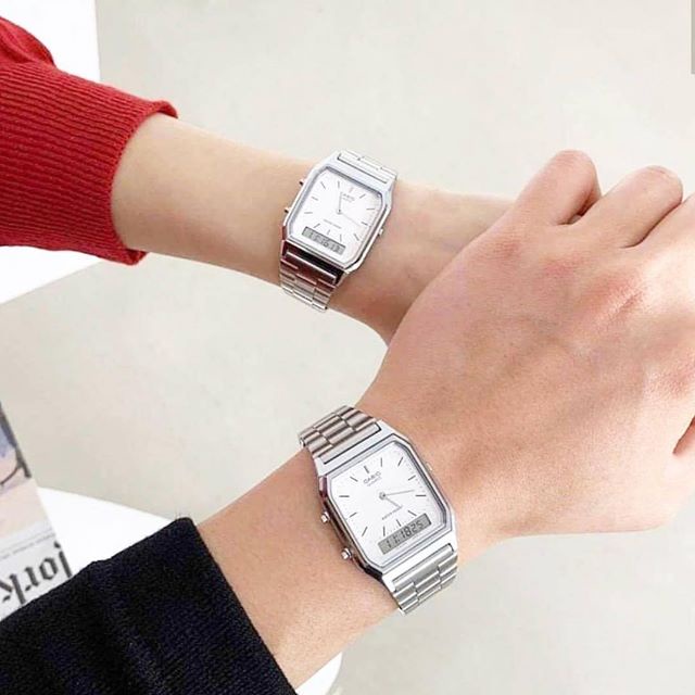 Đồng hồ Unisex Casio AQ-230A-7DMQ, đồng hồ chính hãng, silver gạch, mặt trắng